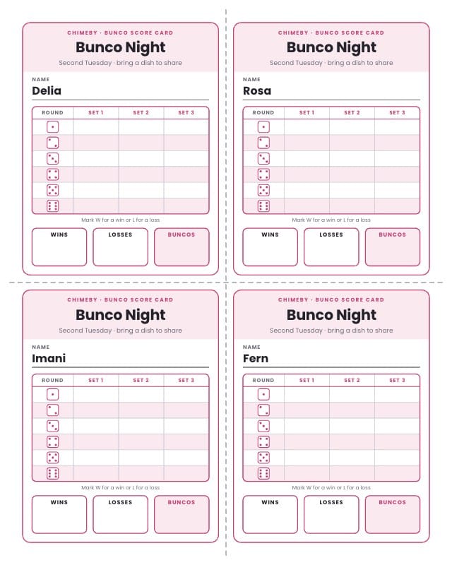Chimeby Bunco Score Sheet Template preview