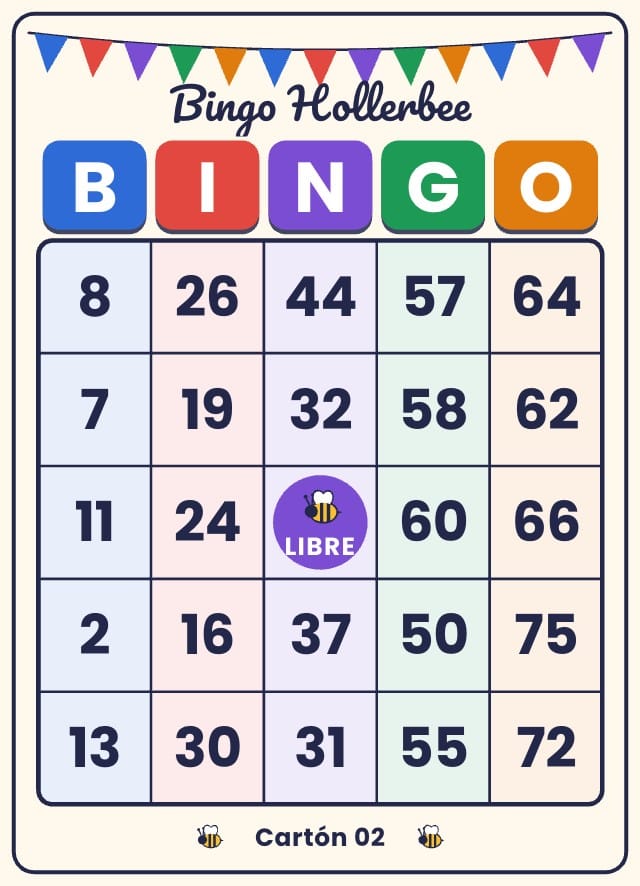 Bingo para imprimir: Hollerbee, cartones de bingo 2