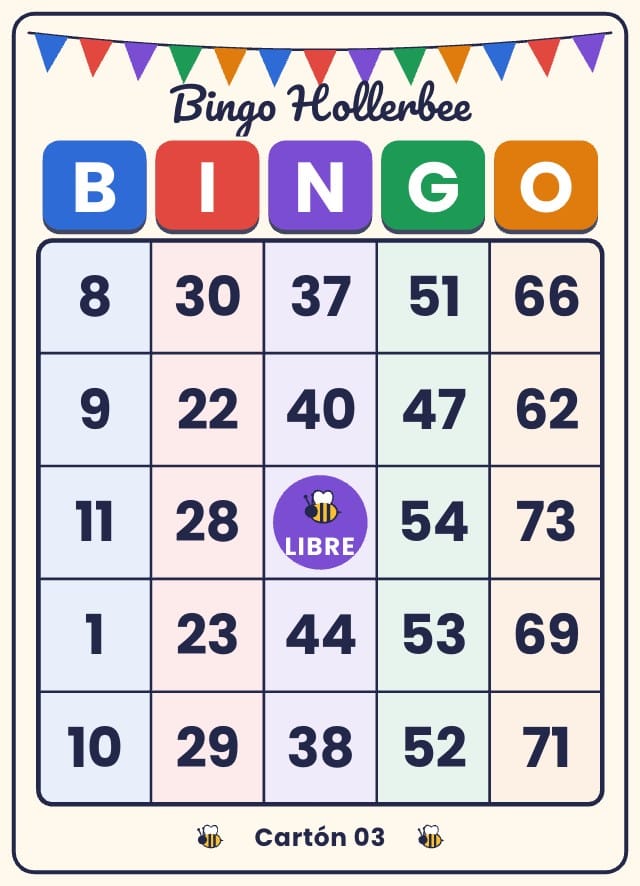 Bingo para imprimir: Hollerbee, cartones de bingo 3