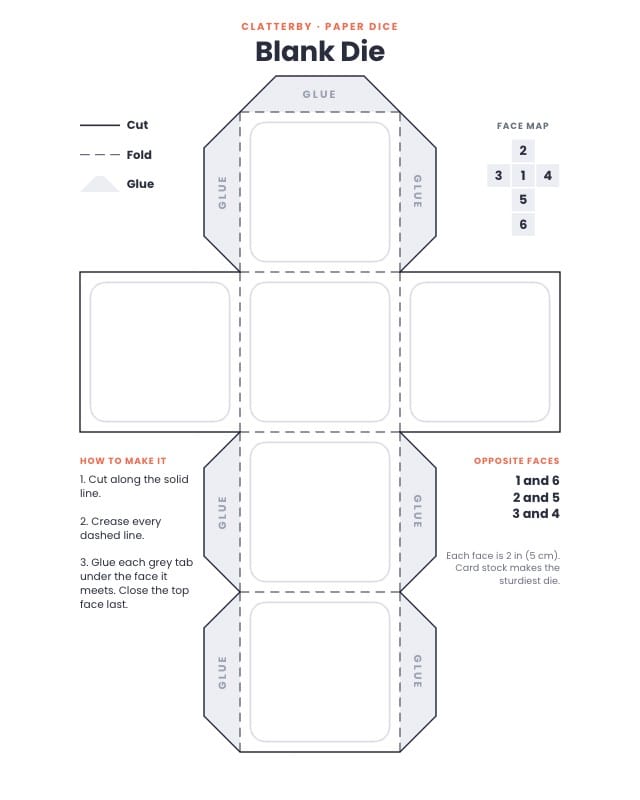 Clatterby Printable Paper Dice Template design 6