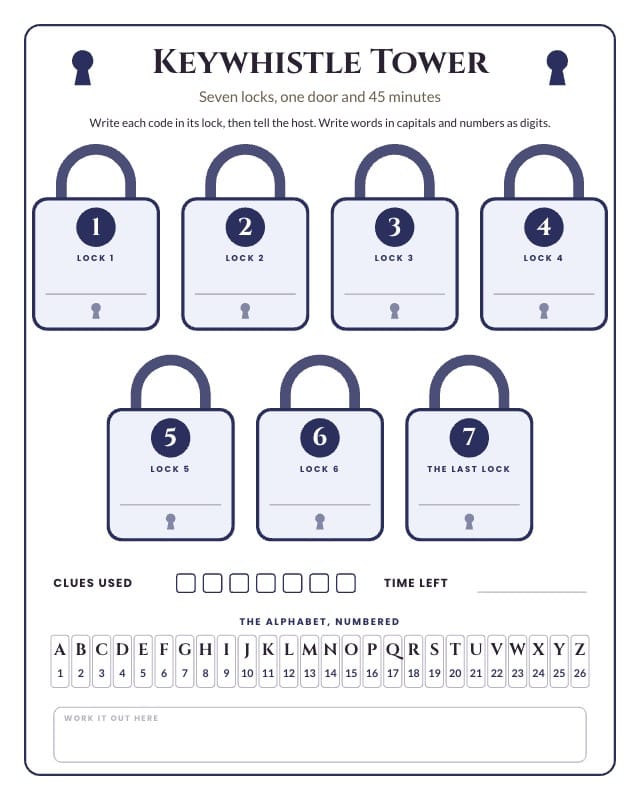 Keywhistle Printable Escape Room Template score pad design 1