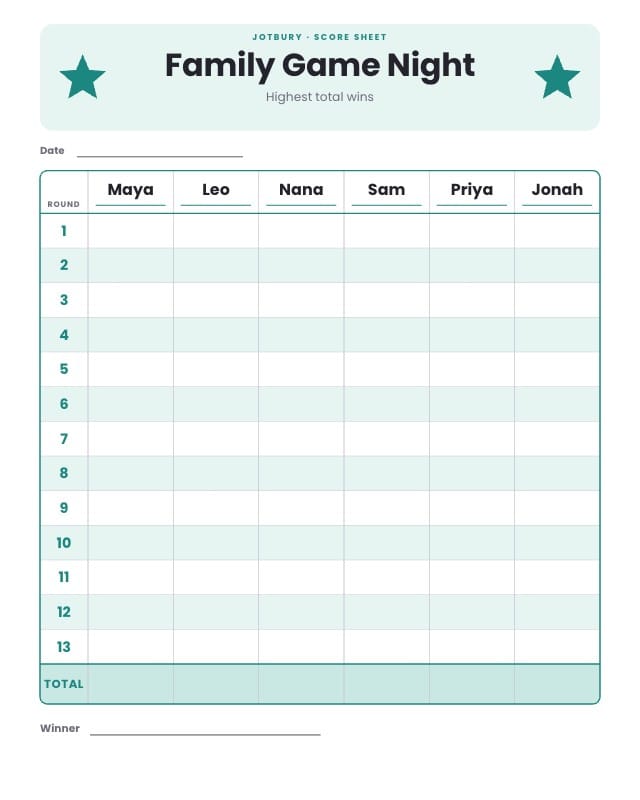 Jotbury Printable Score Sheet Template design 1