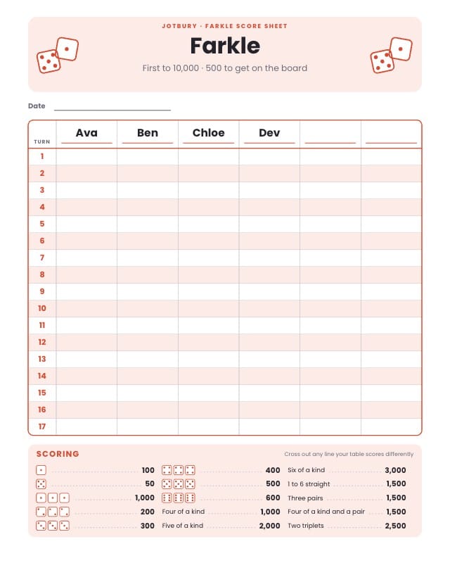 Jotbury Printable Score Sheet Template design 2