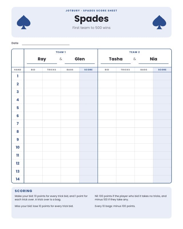 Jotbury Printable Score Sheet Template design 4