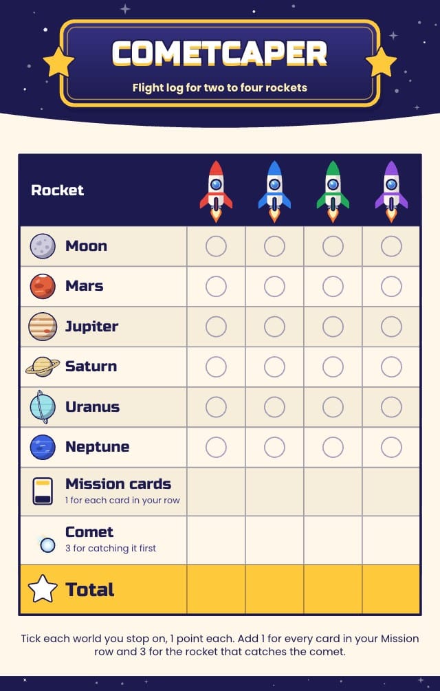Cometcaper Space Board Game Template score pad design 1