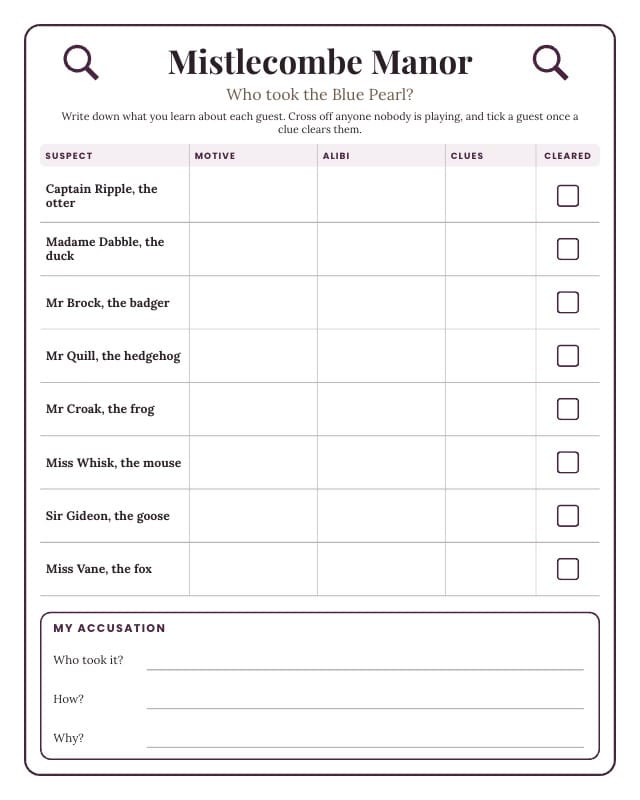 Mistlecombe Printable Murder Mystery Game Template score pad design 1