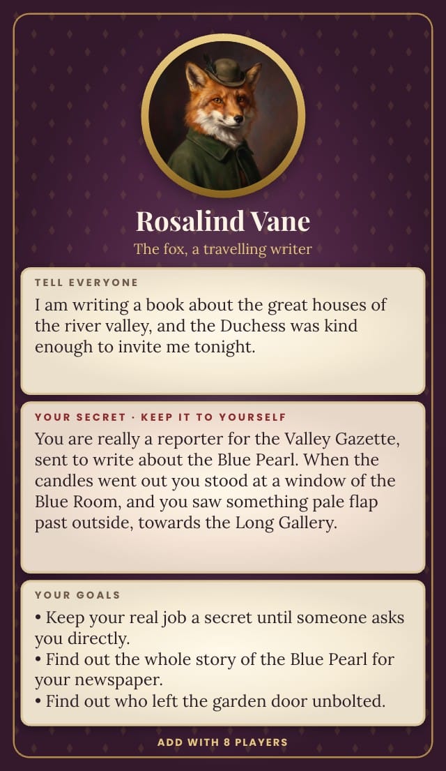 Mistlecombe Printable Murder Mystery Game Template card design 4