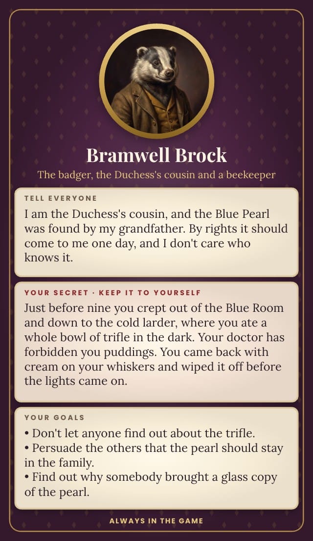 Mistlecombe Printable Murder Mystery Game Template card design 5