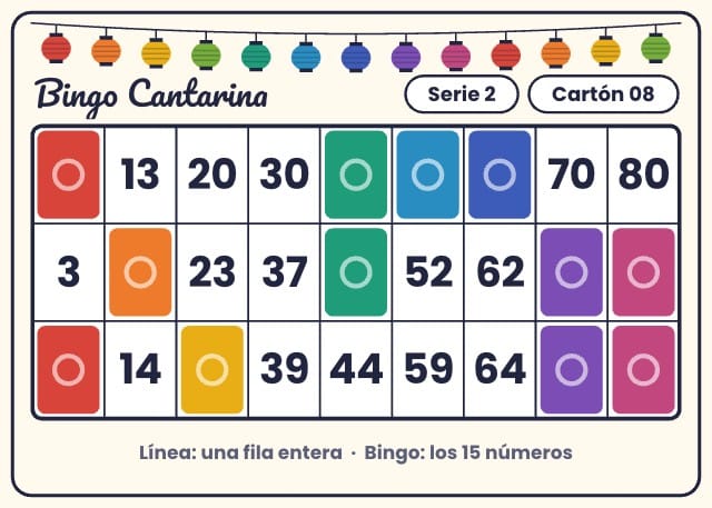 Cartones de bingo para imprimir: Cantarina, cartones 2