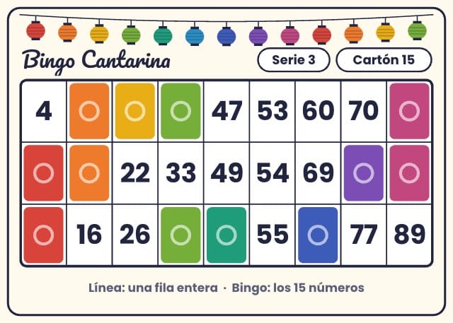 Cartones de bingo para imprimir: Cantarina, cartones 3