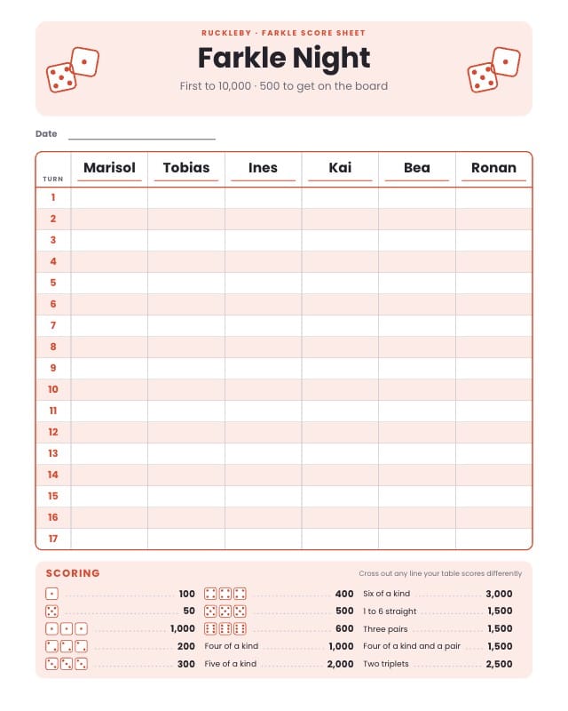 Ruckleby Farkle Score Card Template preview
