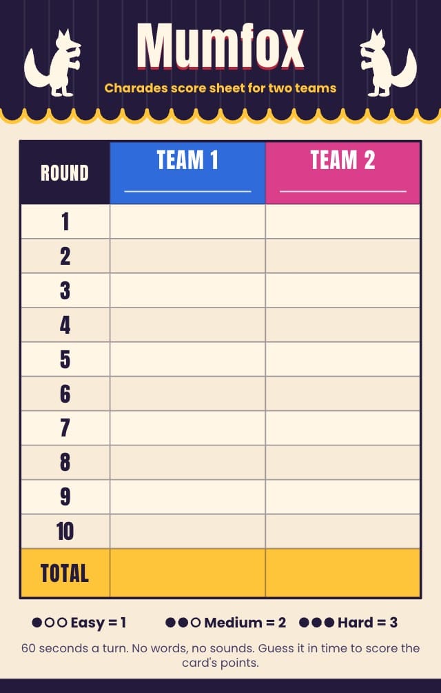 Mumfox Printable Charades Card Template score pad design 1